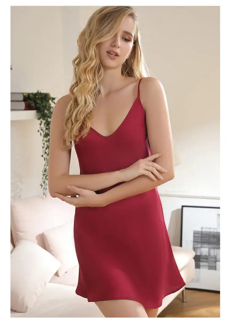 Women Ice Silk Satin Nightdress Sexy V-Neck Sleepwear