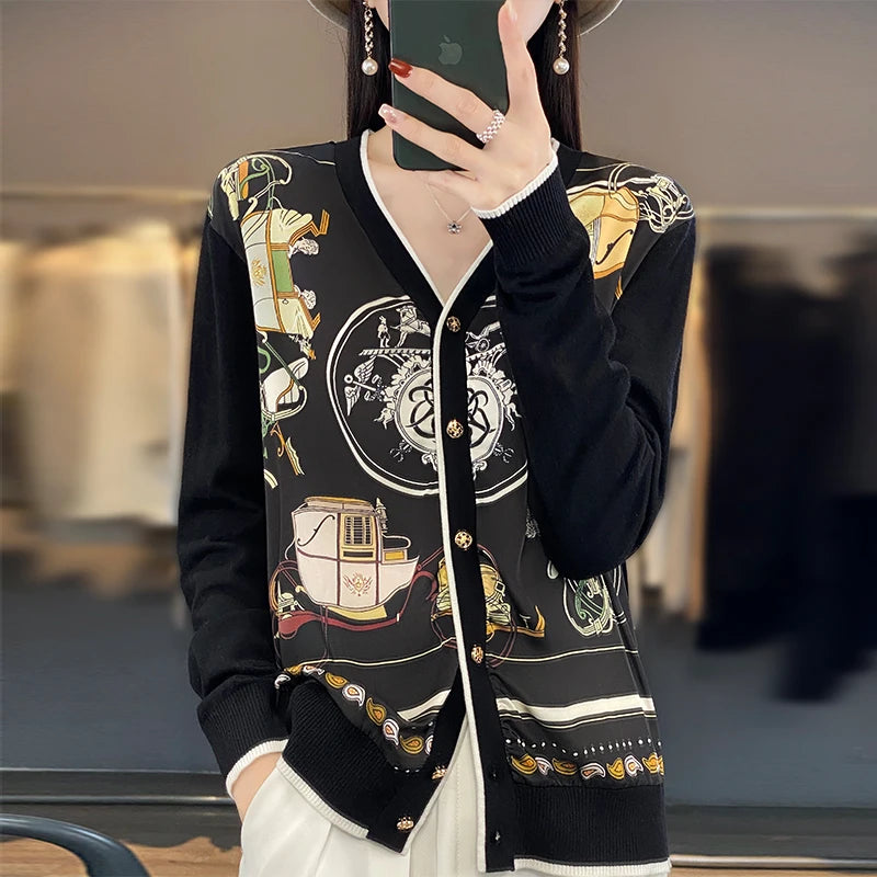 Women's Printed Stitching Wool Cardigan