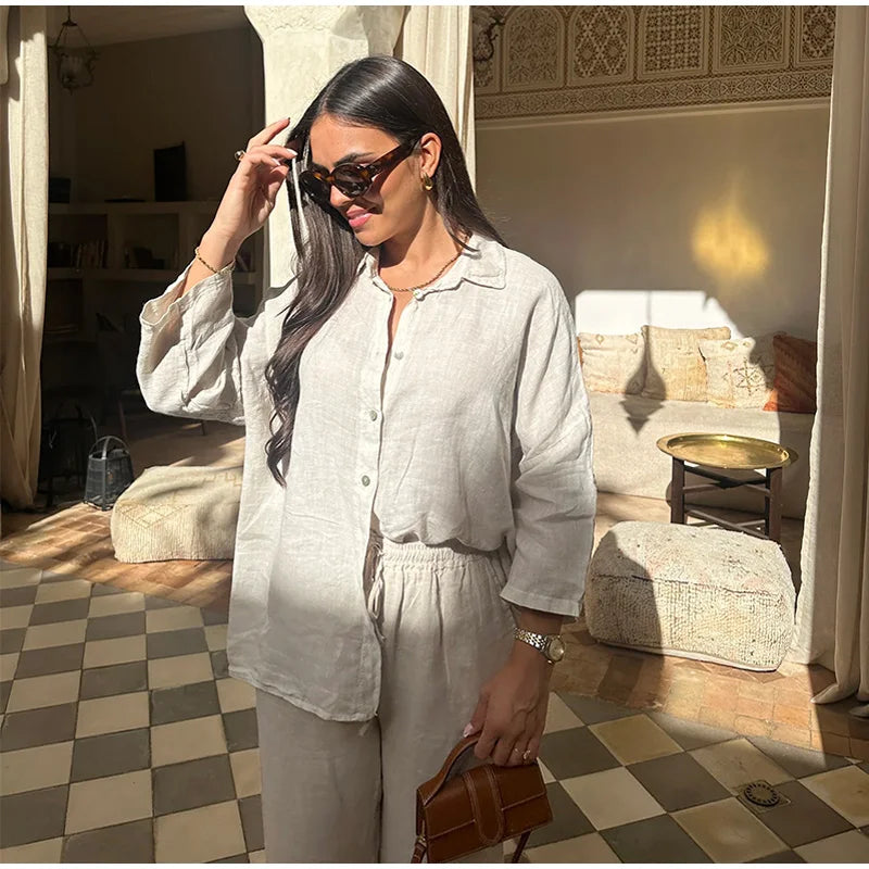 Women Cotton Wide Leg Pant Set