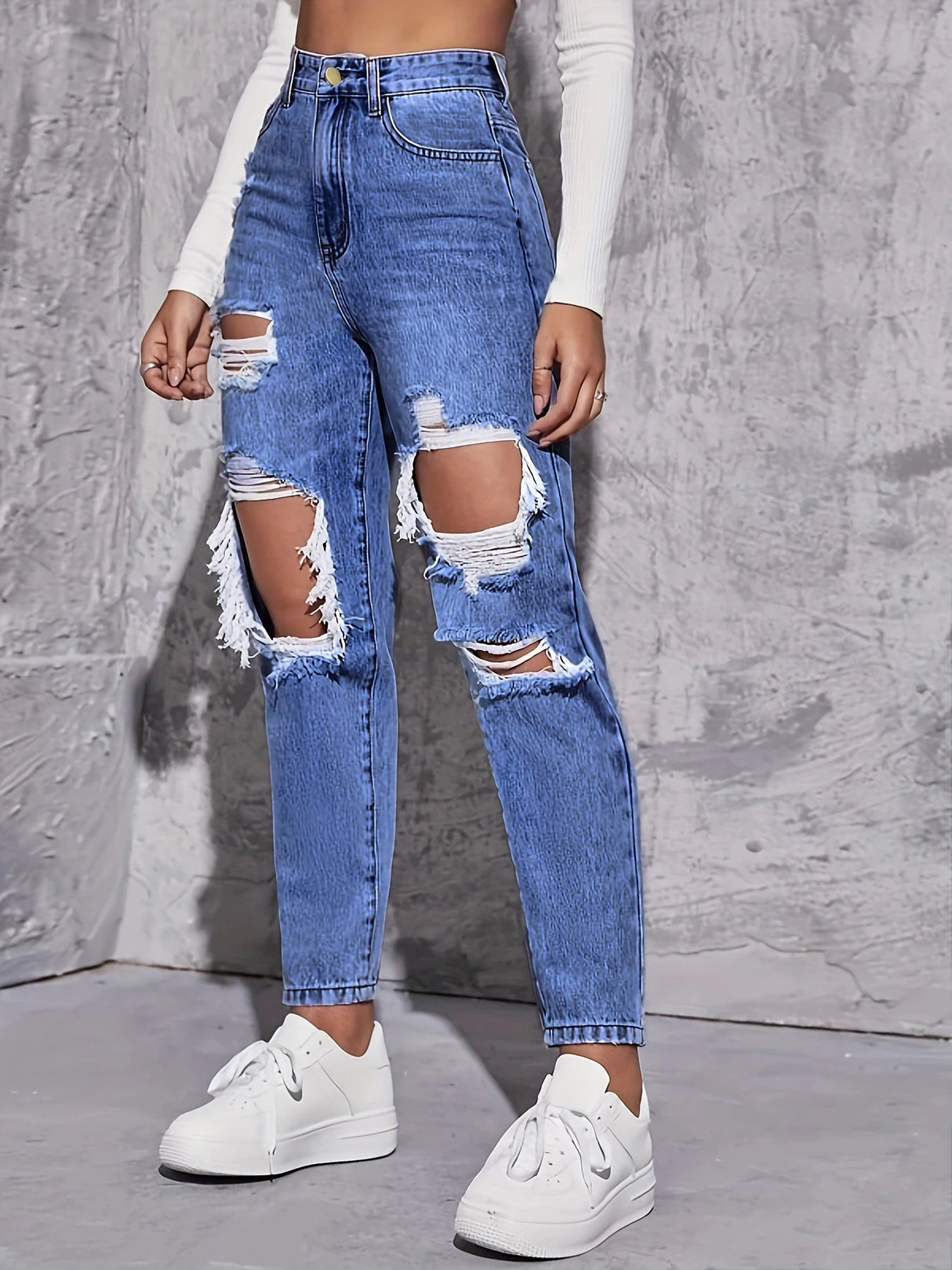 Women Retro Hole Wide-Leg Jeans
