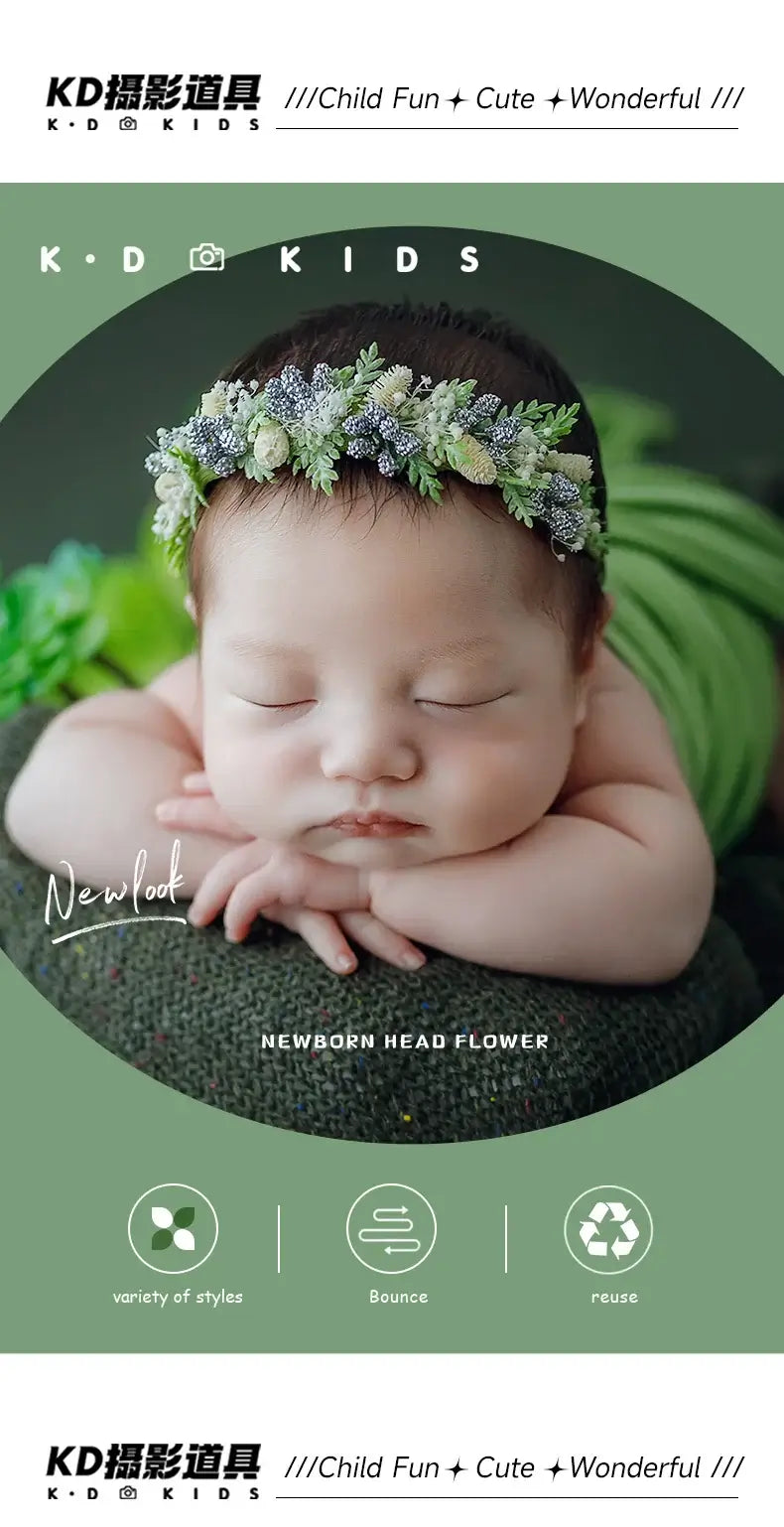 Newborn baby girl wearing an adjustable faux flower headband for photography, promoting cute styles and comfort.