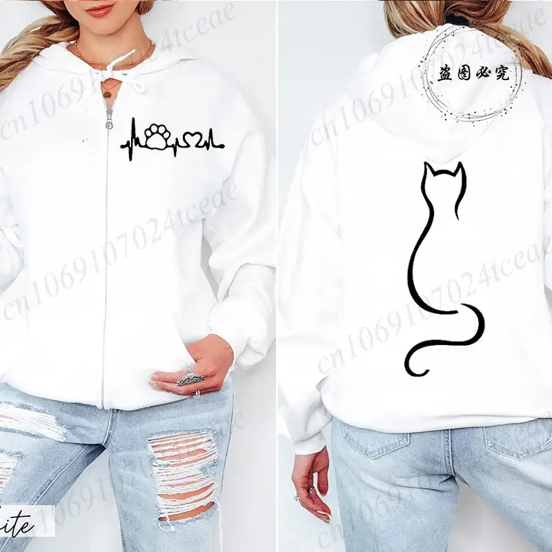 Women Cat Print Zip Hoodie Jacket Streetwear Coat