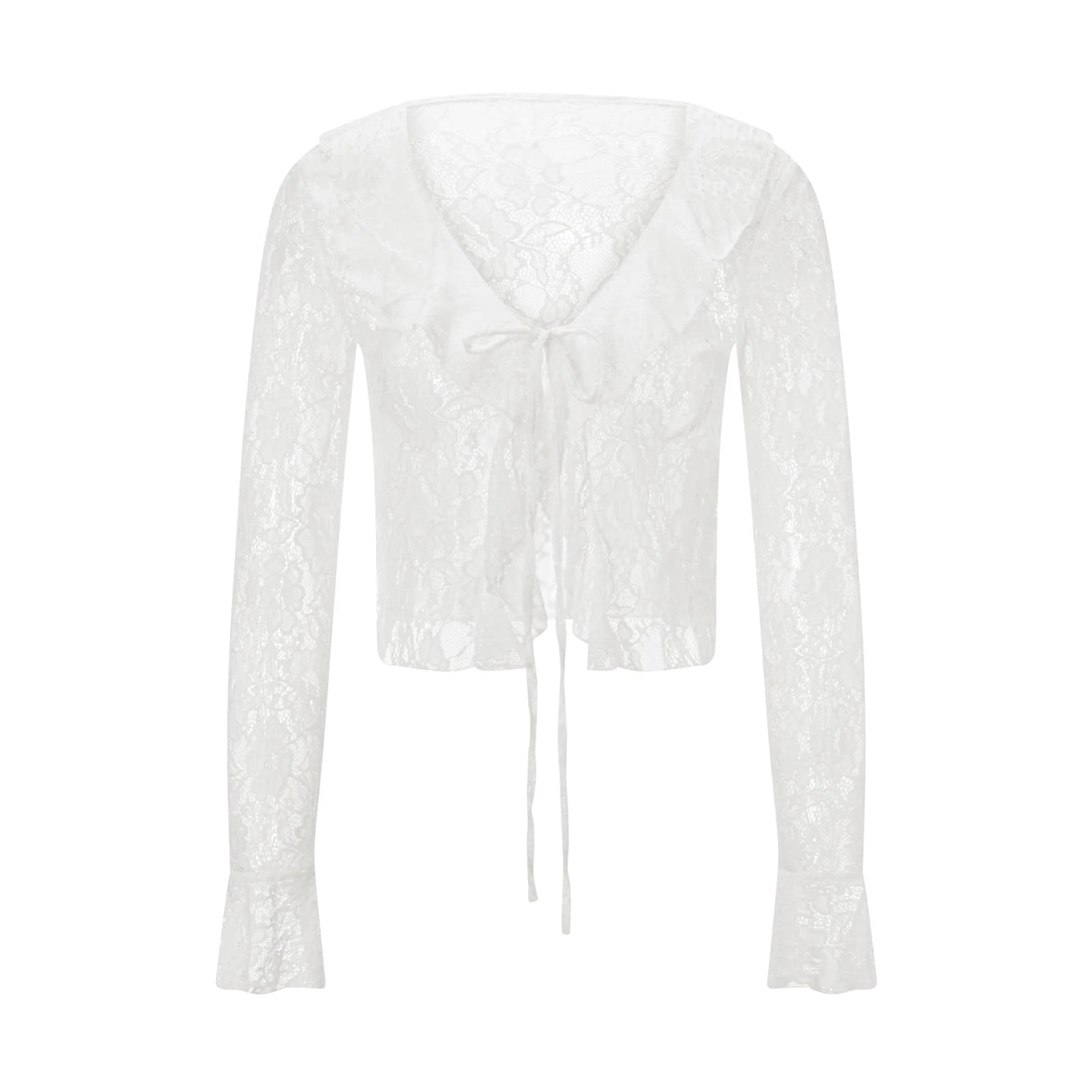 TieGlam™ sheer lace crop cardigan with flare sleeves and front tie, perfect for clubwear.