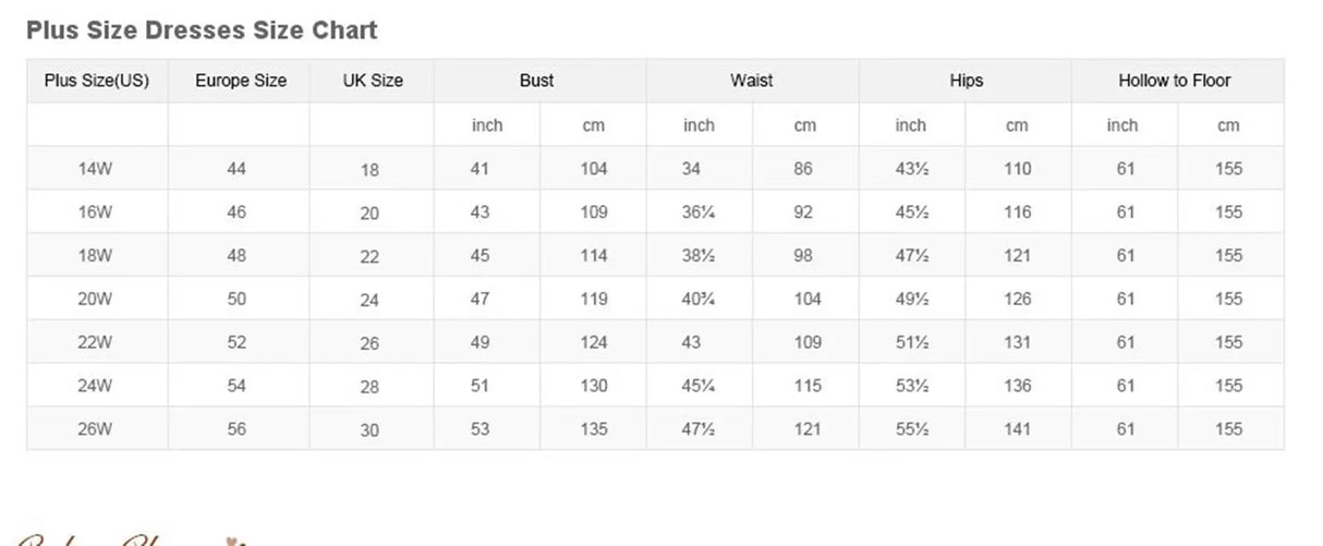 Plus size dress size chart showing measurements for bust, waist, hips, and hollow to floor in inches and cm.