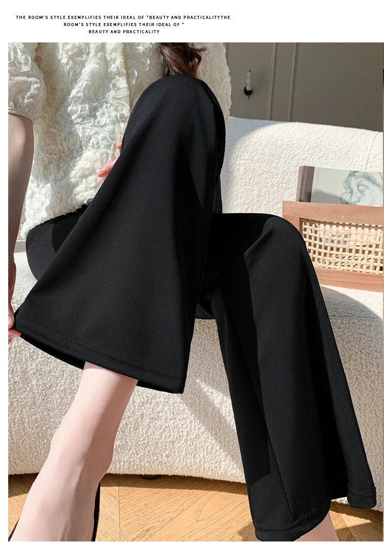 Y2K bootcut maternity pants in black, featuring a wide leg and stylish design, perfect for summer wear.