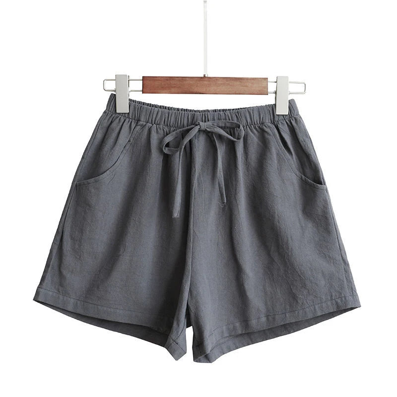 Women Cotton Linen High Waist Shorts