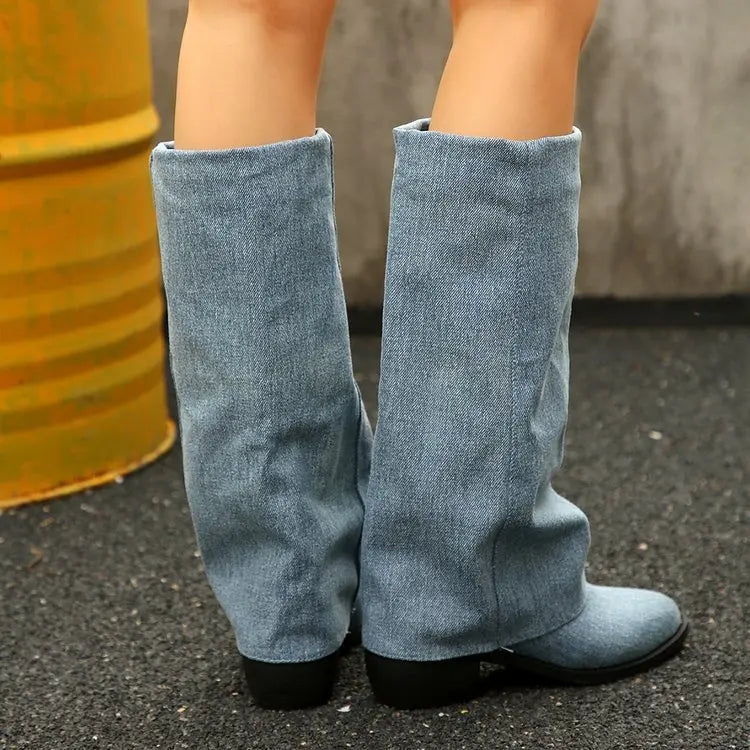 Women’s Knee High Cowboy Denim Boots 2025