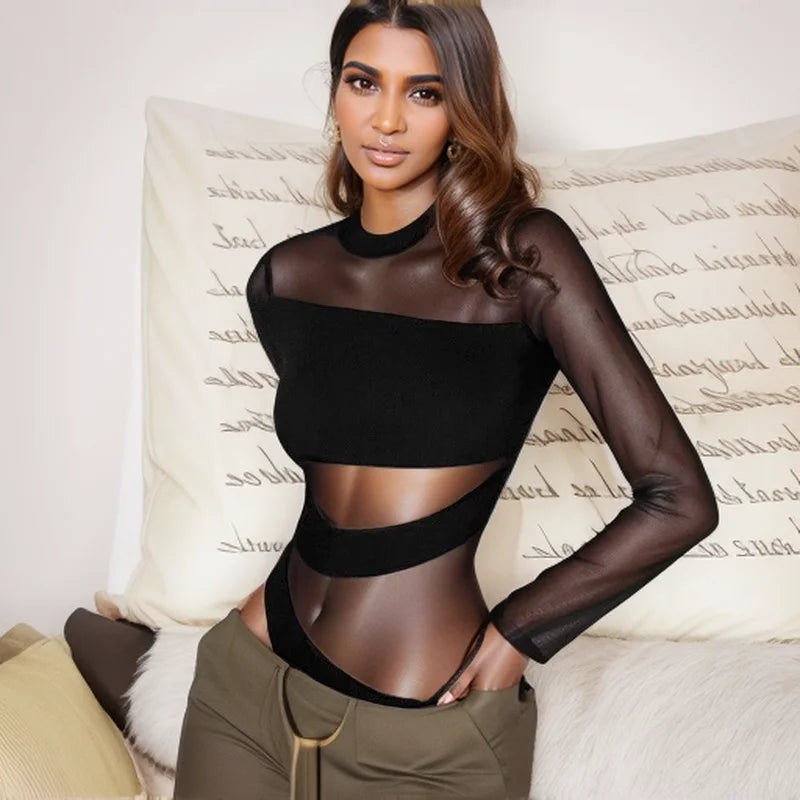 Women Hollow Mesh Club Bodysuit