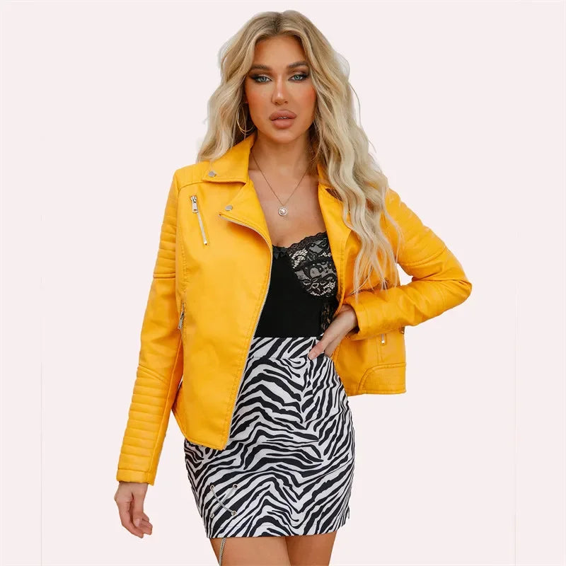 Women's Faux Leather Lapel Biker Jacket