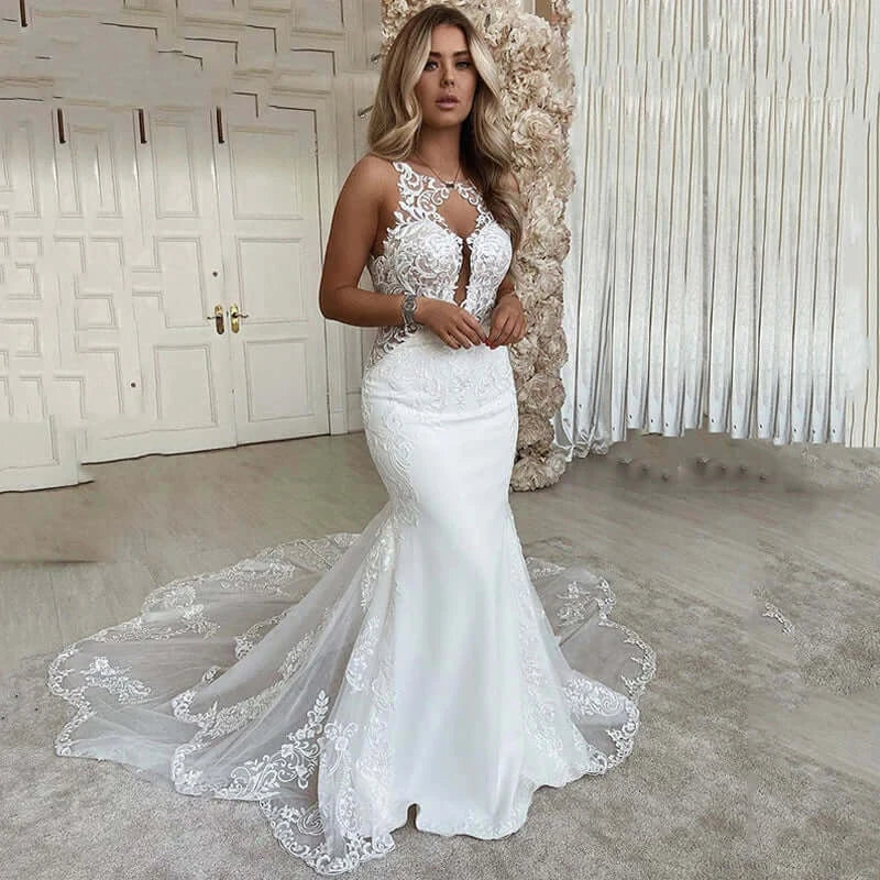 Women Plus Size Mermaid Lace Wedding Dress Open Back