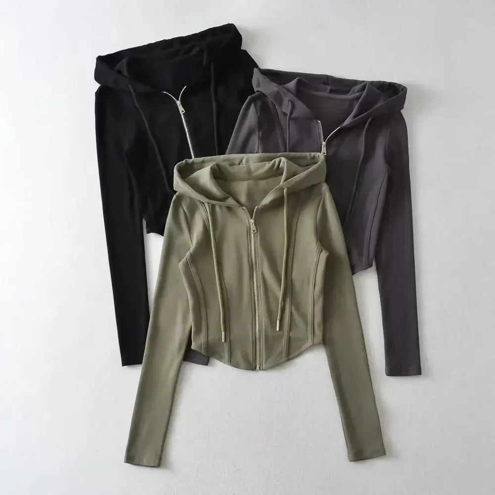 Women Cropped Zip Hoodie Y2K Corset Hem Sweatshirt