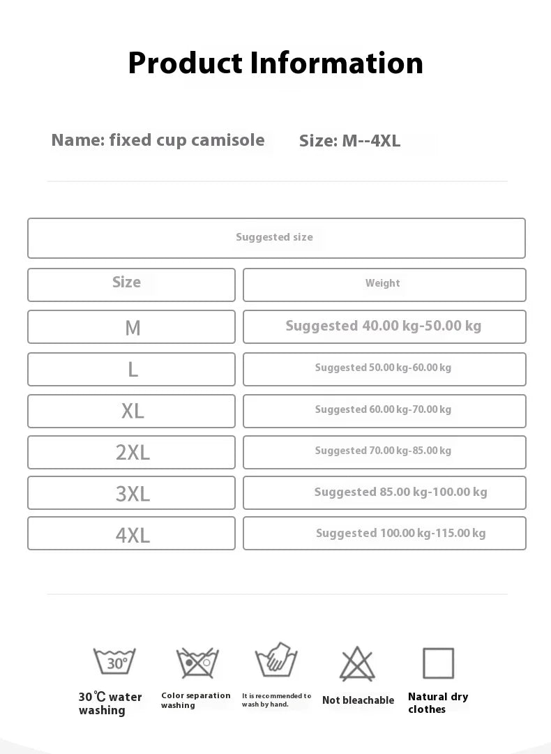 Product information sheet for BraChic™ Ice Silk Cami, including size guide M to 4XL and care instructions.