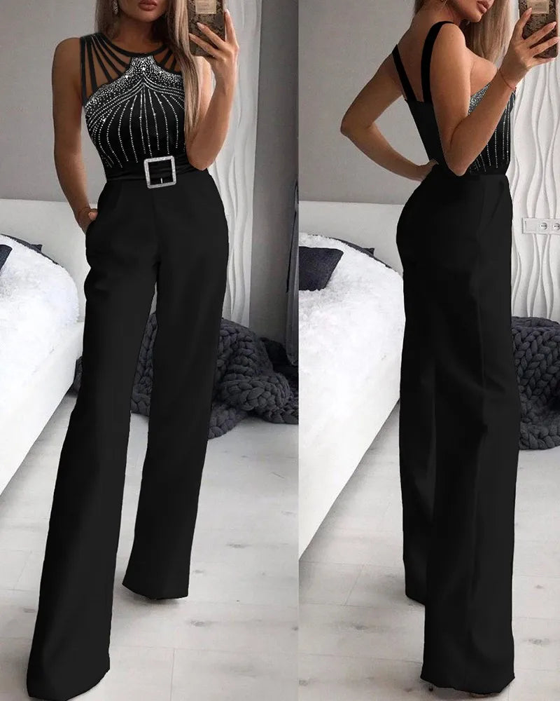 GlimmaStrap™ – Multi-Strap Rhinestone Jumpsuit (Black, Glamorous & Eye-Catching)