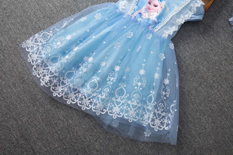 Blue girls summer flying sleeve dress with lace details and cartoon pattern, perfect for casual wear.