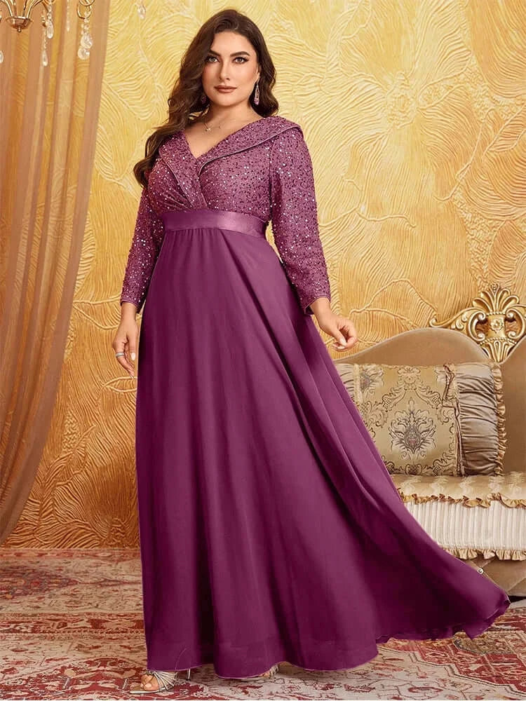 Women Plus Size Chiffon Sequin Long Sleeve Evening Dress