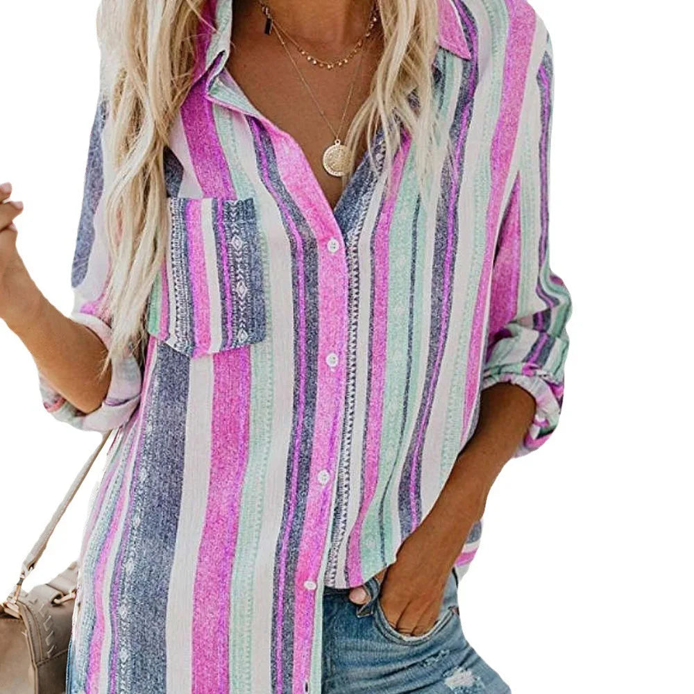 Women Striped Lapel Button Cardigan Shirt
