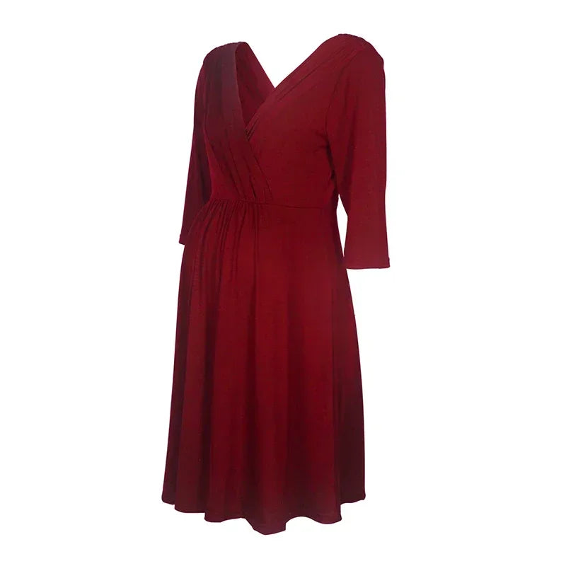 Fashion nursing maternity dress in red, knee-length, V-neck, perfect for summer breastfeeding wear.