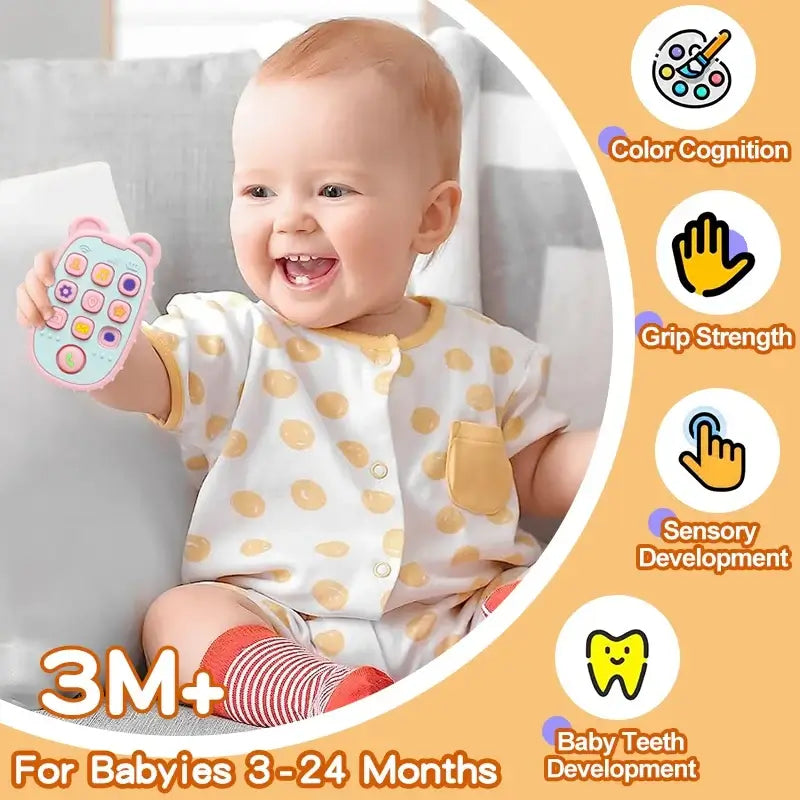 Happy baby smiling with colorful toy remote, promoting sensory and grip strength development for ages 3-24 months.