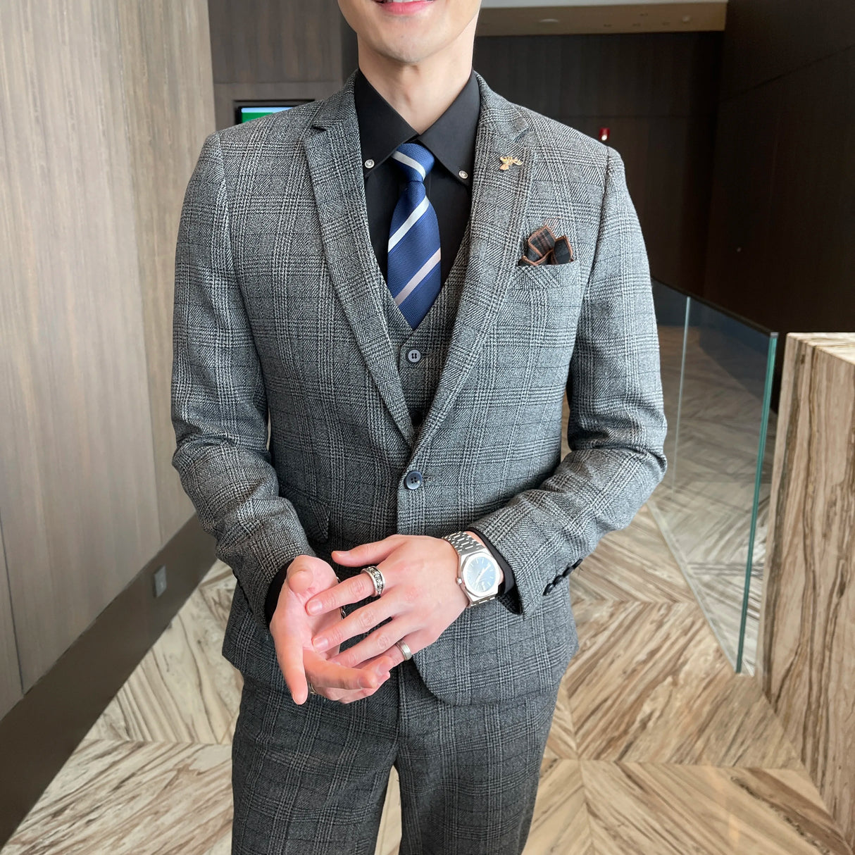 Men Plaid 3-Piece Business Suit