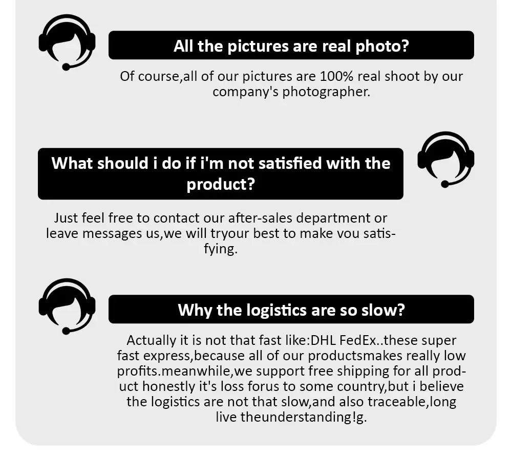 Customer service FAQ graphic about product satisfaction, logistics, and real product images.