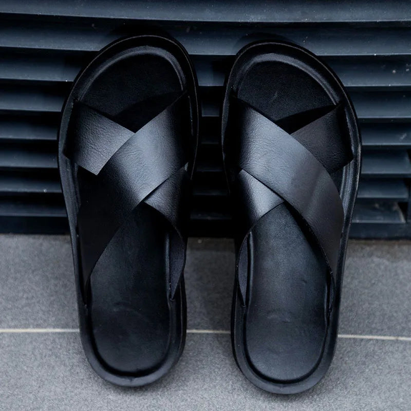 Men Italian PU Leather Slip-On Slippers