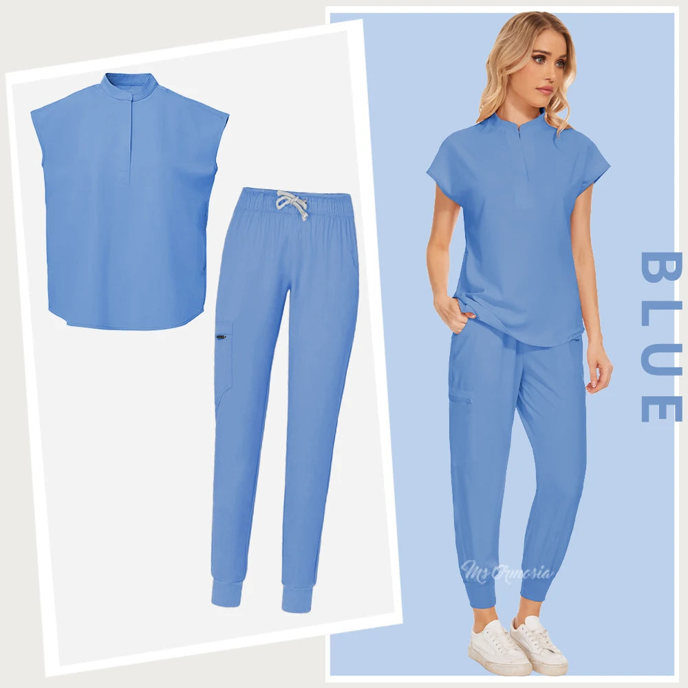 Women’s medical workwear set in blue, featuring a short-sleeve top and comfortable pants, ideal for beauty salons and healthcare.