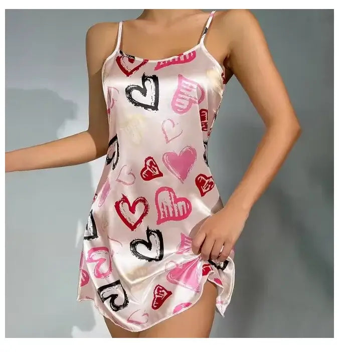 Women Black Floral Nightdress Satin Sleepshirt Casual