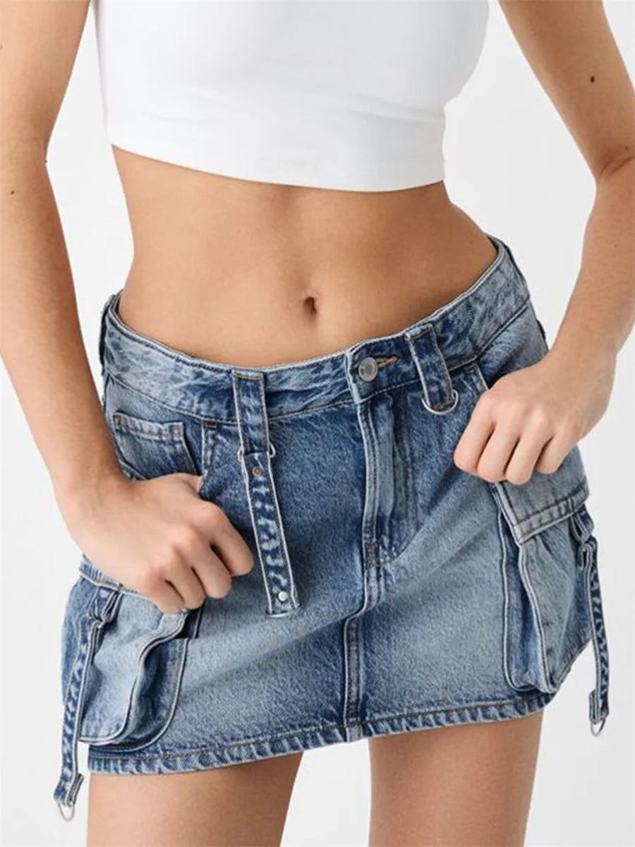 Women Denim Cargo Mini Skirt