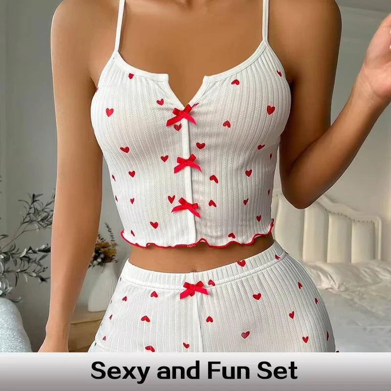 Women Heart Print Silk Pajamas