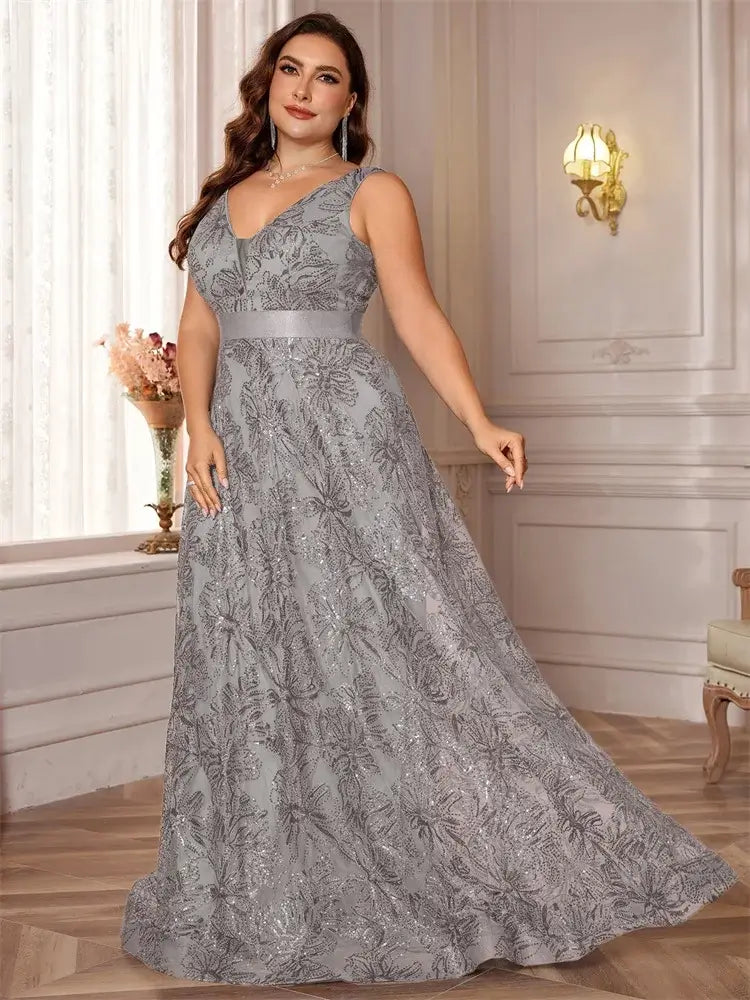 Women Plus Size V-Back Sequin Evening Cocktail Dress