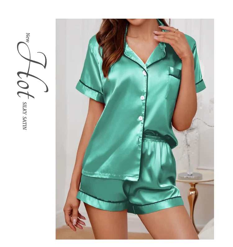 Women Satin Button Down Pajama Set