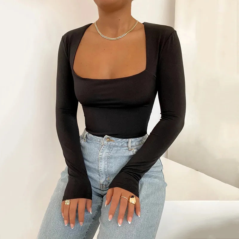 Women's Square Neck Long Sleeve Bodysuit – Sexy Bodycon Streetwear Top