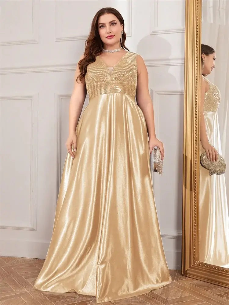 Women Plus Size Satin Sequin Evening Dress Long Prom Gown