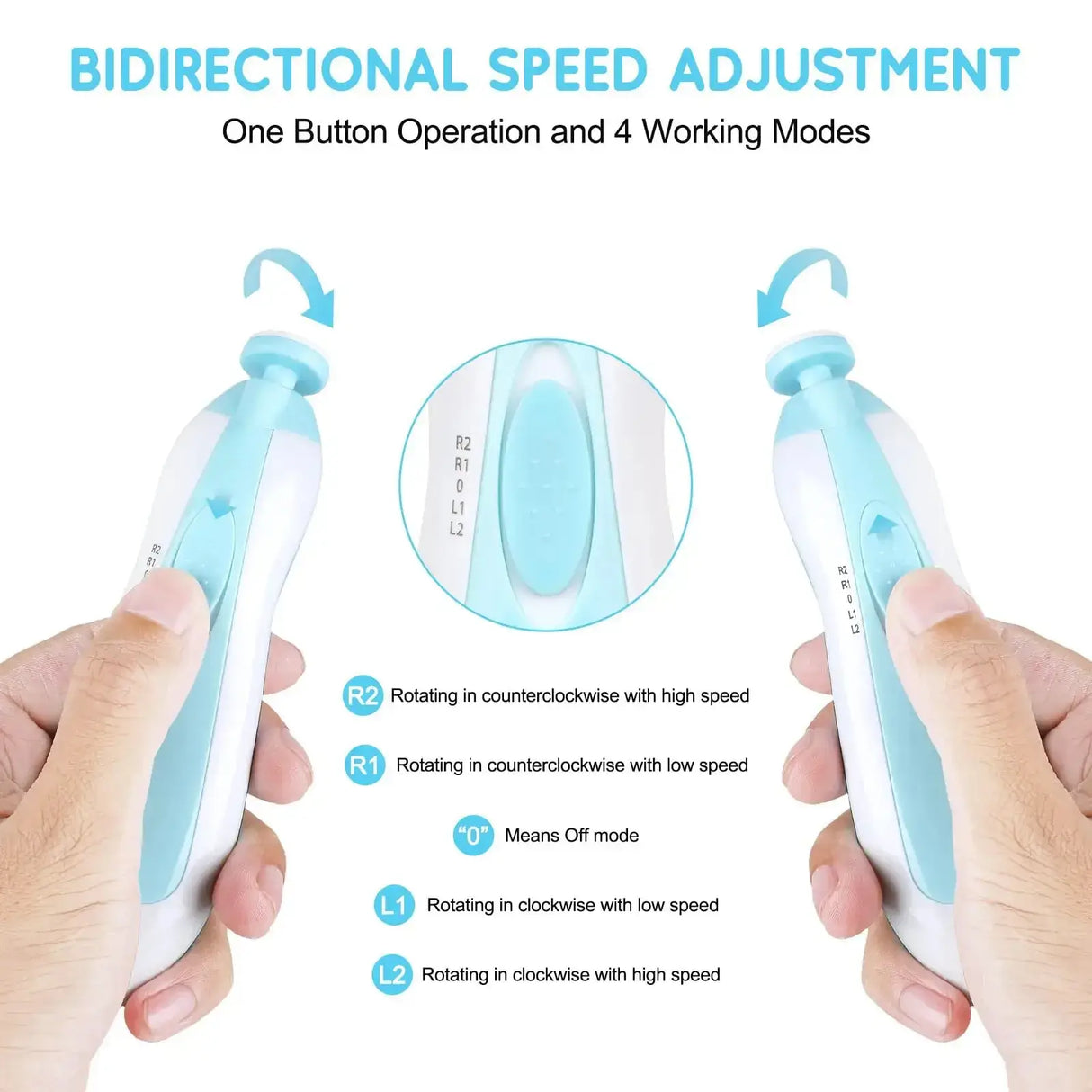 Baby electric nail trimmer showing bidirectional speed adjustment and one-button operation with four working modes.