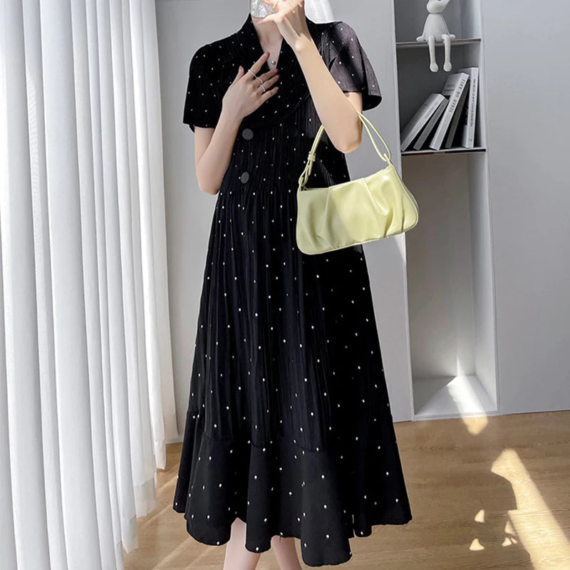 Polka dot Korean maternity dress with short sleeves and a high waist for summer, featuring a V-neck and mid-calf length.