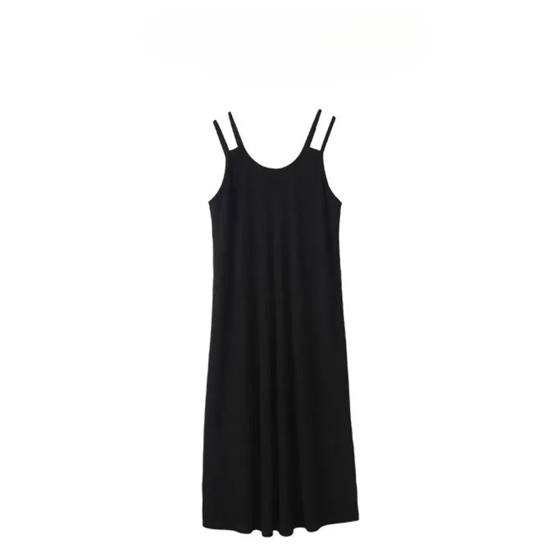 Black sleeveless strap maternity dress, casual summer outfit for women, mid-calf length, perfect for outdoor wear.