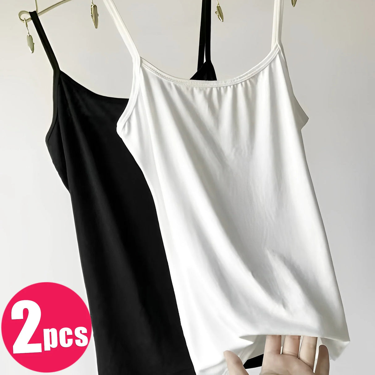 BasicBreeze™ solid cotton strap camis in black and white, essential crop tops for women, 2 pieces set.