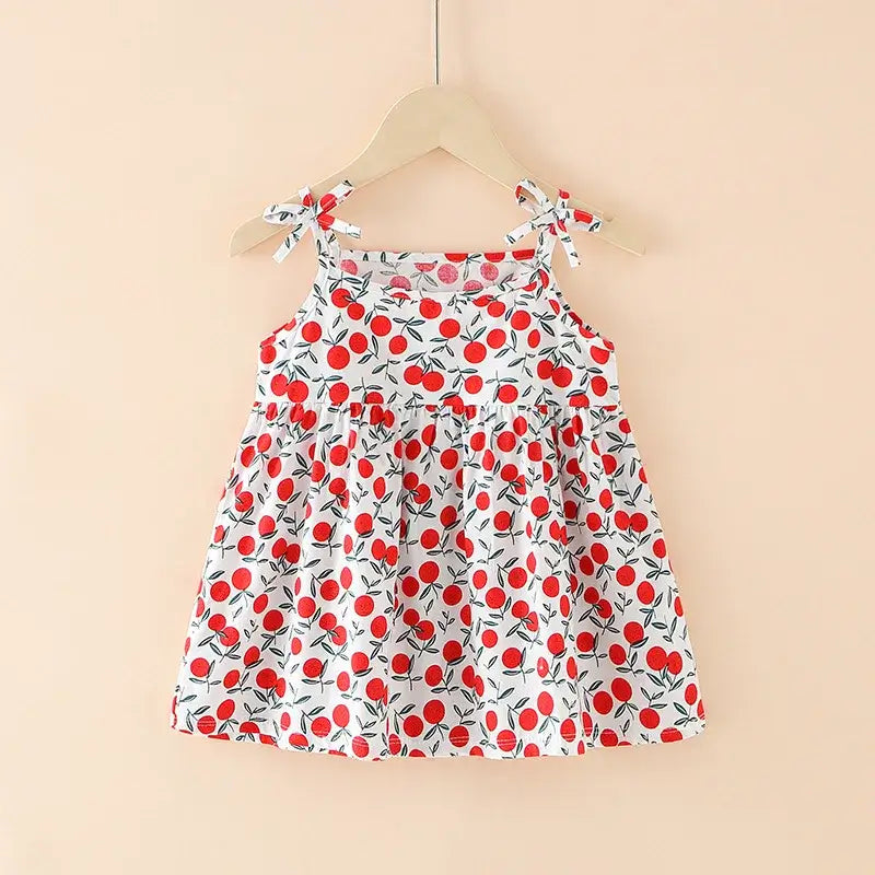 Summer cute girls dress with cherry print, sleeveless design, and bow straps, perfect for ages 4-6Y.