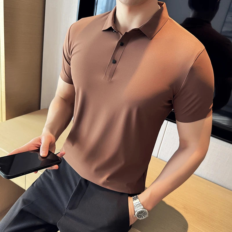 Men Ice Silk Polo Shirt Brown Top