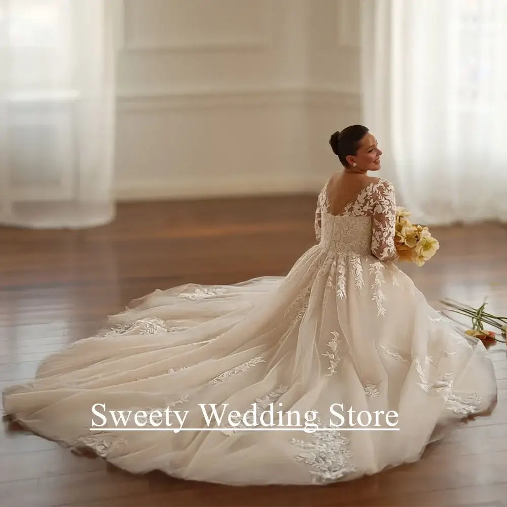 Women Plus Size Glitter Applique Long Sleeve Wedding Dress