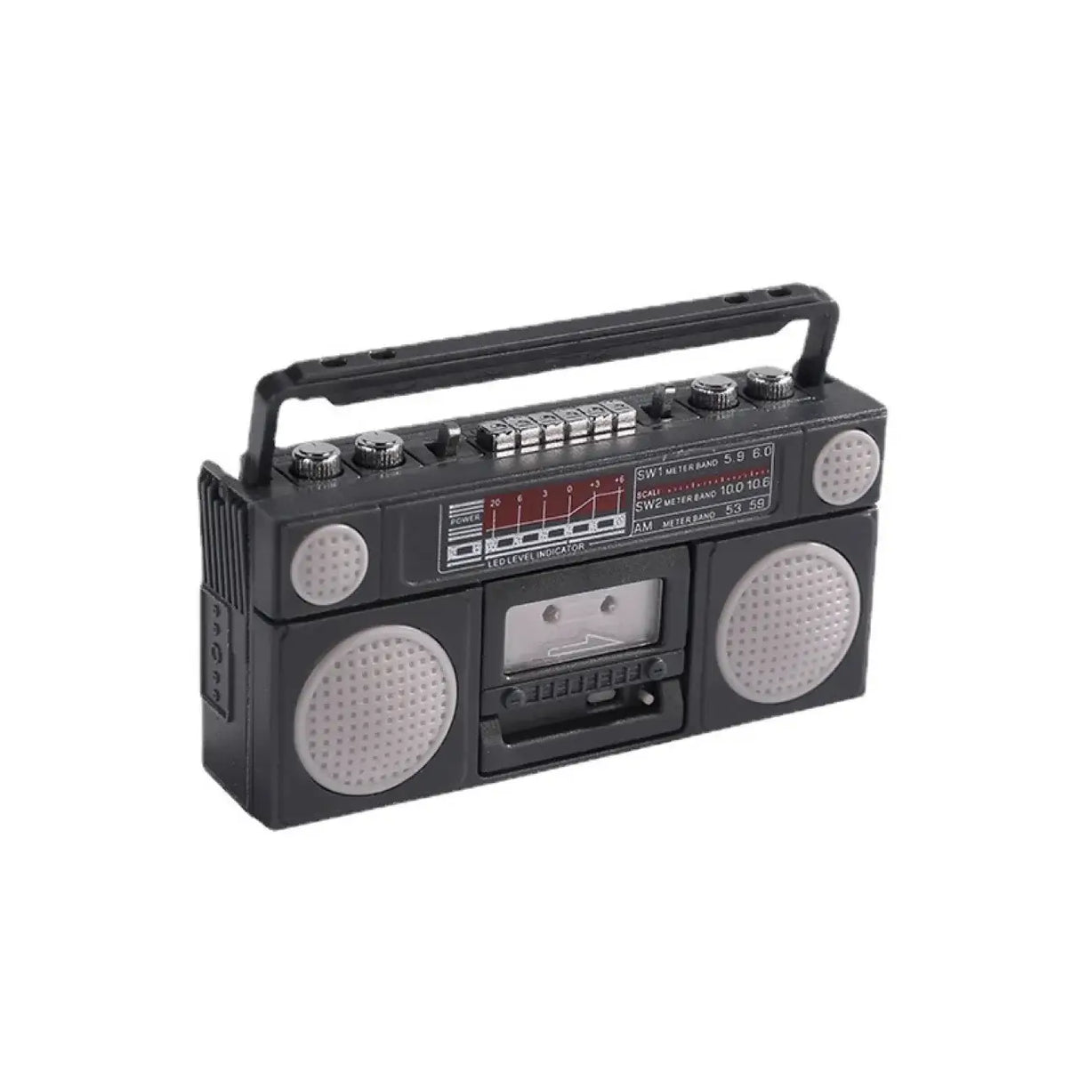 Vintage boombox with cassette player and adjustable handle, perfect for retro music enthusiasts.