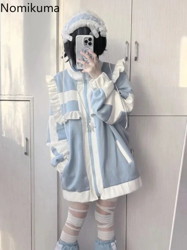 Japanese Patchwork Oversized Women's Coat – Y2K Lolita Ruffle Jacket