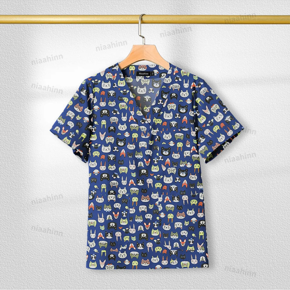 Printed nursing scrub top in blue with colorful animal designs, short sleeve, V-neck, breathable cotton fabric for women.