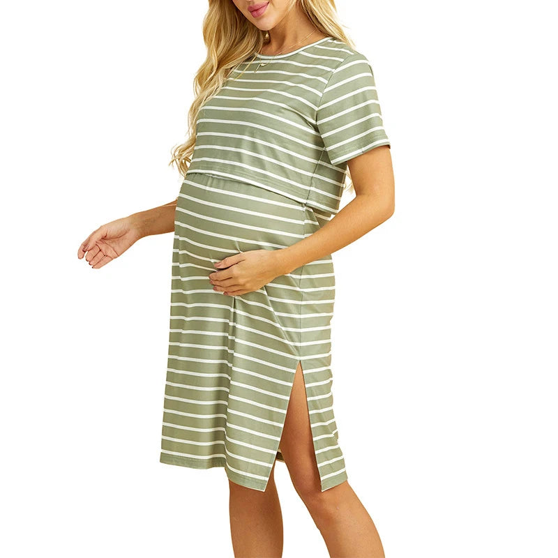 Striped maternity dress for women with short sleeves, perfect for summer and knee-length, in green color.