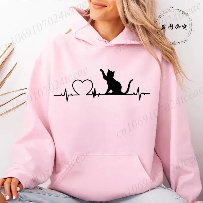 Women Cat Heartbeat Print Hoodie Streetwear Pullover