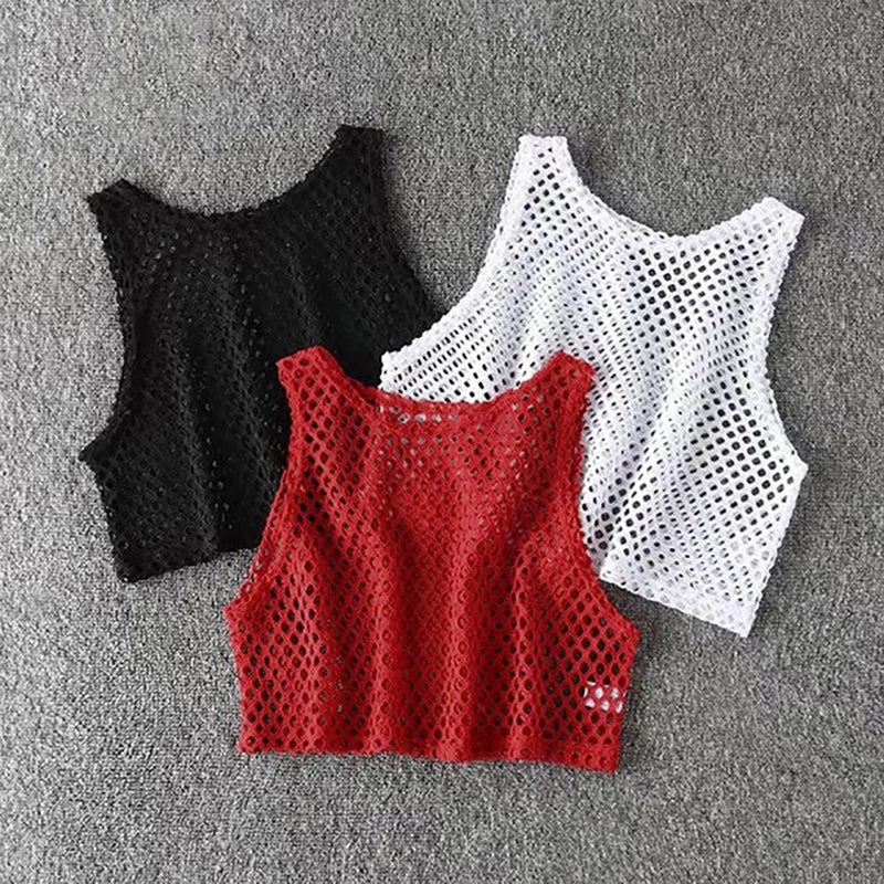 MeshGlow™ Hollow-Out Summer Crop Tops in black, white, and red, featuring breathable fishnet fabric for a casual look.