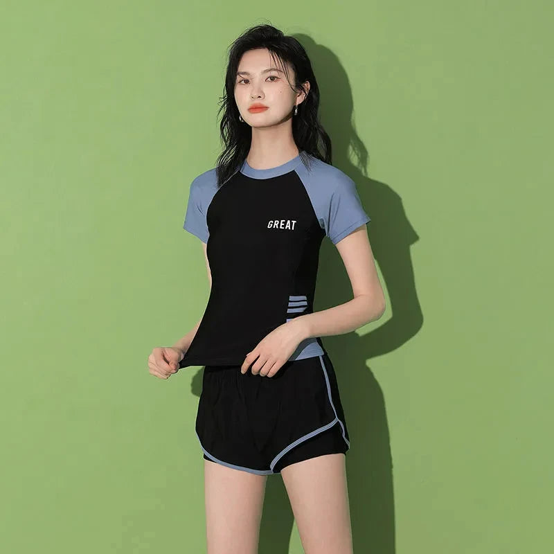 Women Patchwork Short Sleeve Swimsuit