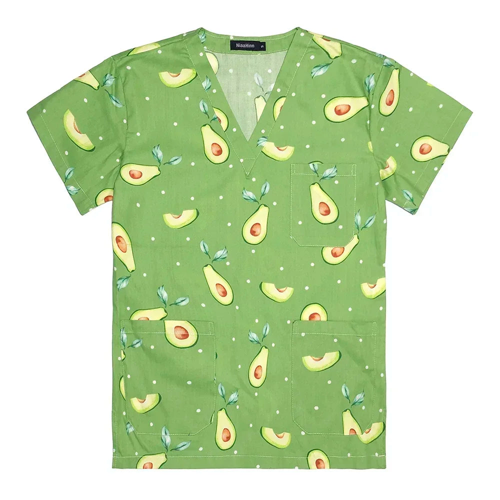 Women’s cotton scrub top featuring vibrant avocado print, perfect for nurses or medical professionals.