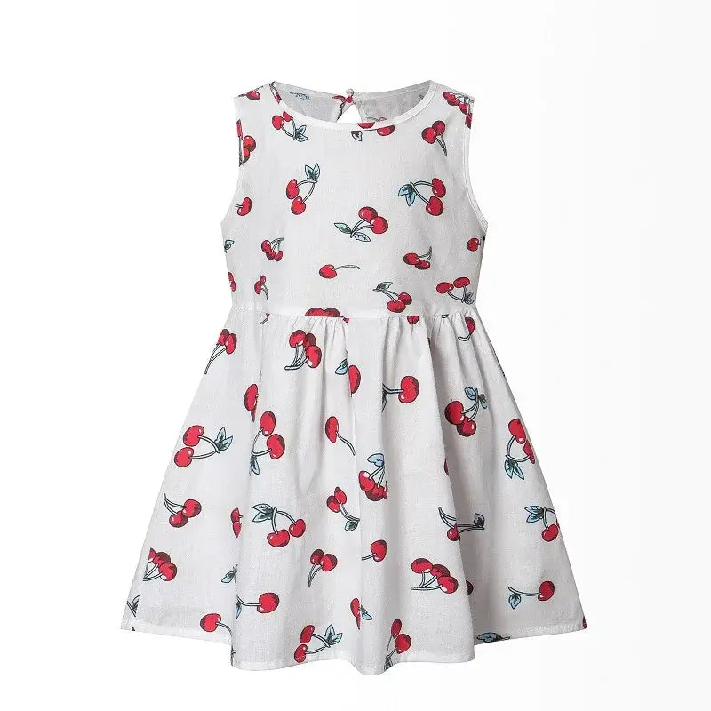 White sleeveless girl's vest dress featuring a playful cherry pattern, perfect for spring and summer. Ideal for ages 4-6.