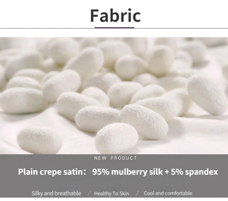Close-up of 95% mulberry silk and 5% spandex fabric showing its silky and breathable texture.